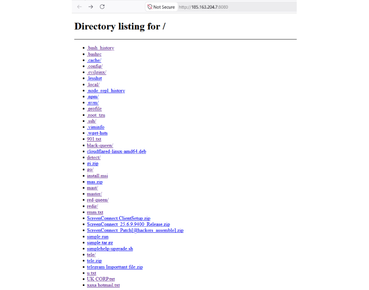 Directory listing exposto do servidor, revelando diretórios como evilginx, black-queen, red-queen e ferramentas de acesso remoto
